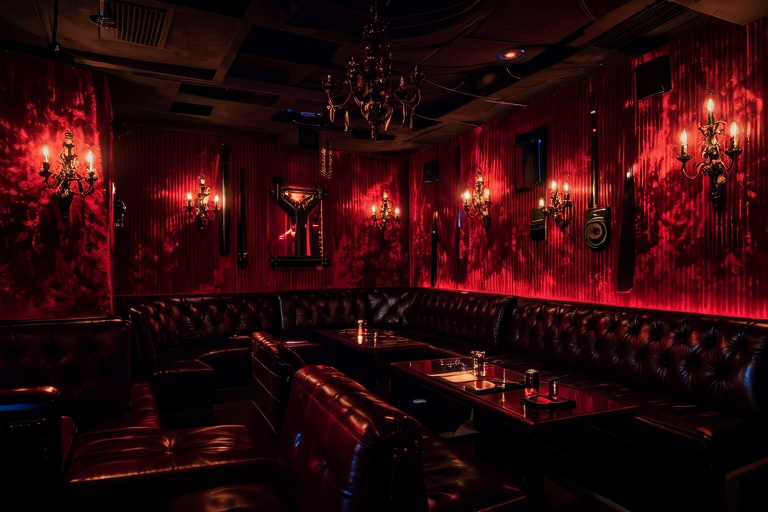 SM bar lounge atmosphere, dark moody lighting, leather seats, candle flames, gothic interior, Japanese bar, no people, atmospheric, masterpiece, very aesthetic, score_9, score_8_up
