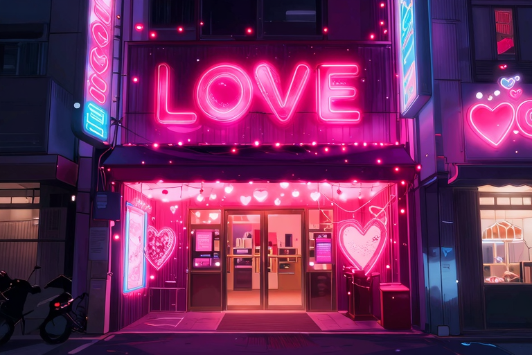 鶯谷ラブホ街のネオンが輝く夜の路地、アニメスタイルのイラスト