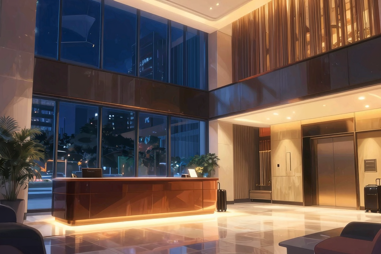 ビジネスホテルのロビー、スーツケースを持つビジネスマンのシルエット、夜景、アニメスタイル