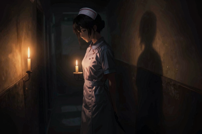 制服を身にまとった女性のシルエット、暗い部屋、キャンドルの光、アニメ調