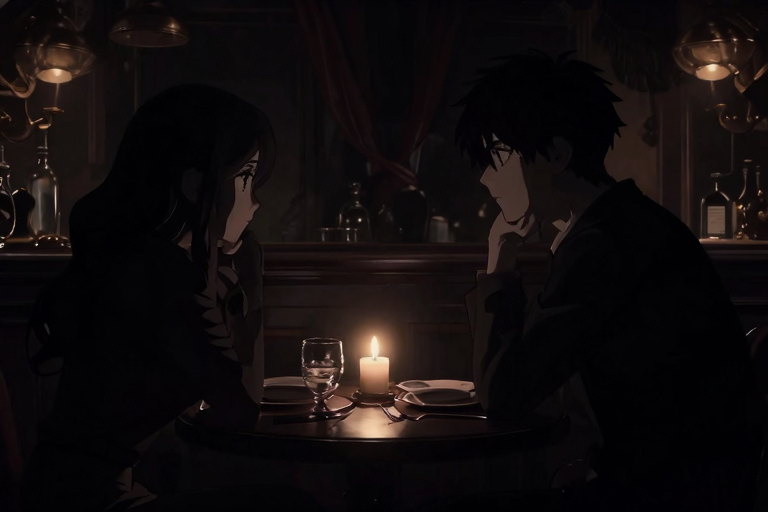 暗いバーのような空間、テーブルを挟んで向かい合う男女のシルエット。片方が観察し、もう片方が自分を意識している緊張した視線の交差