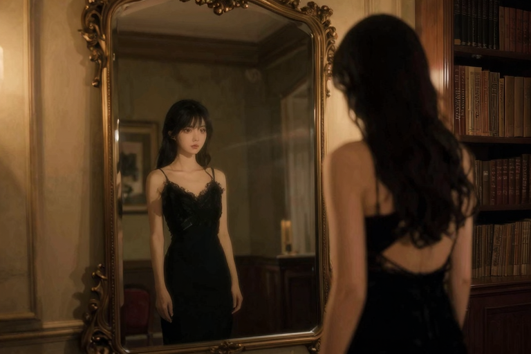 本棚と間接照明のある部屋の一角、鏡の前に立つ女性のシルエット。自己観察と他者からの視線が重なるような静謐なイメージ