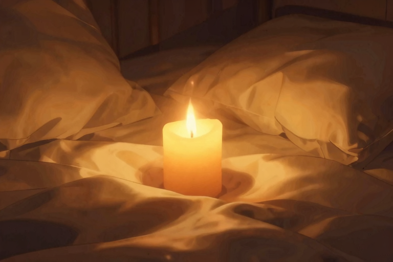温かみのある寝室、キャンドルの光、シルクのシーツ、アンバー色の光が差し込む雰囲気
