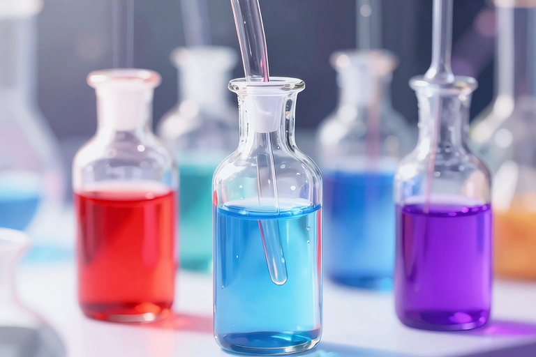 透明なガラスボトル、赤・青・紫の液体、美しく並べられた感度変化系ローションのイメージ