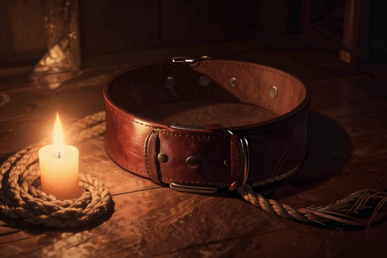暗い部屋でキャンドルの光が揺れる、革の拘束具と縄が床に置かれたムーディーな雰囲気