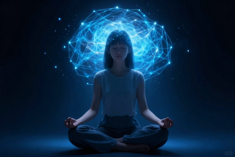 瞑想する女性の周りに青い光のニューラルネットワークが広がる、脳の活動を可視化したイメージ